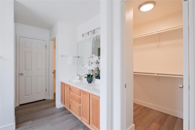 bathroom featuring vanity and hardwood / wood-style floors