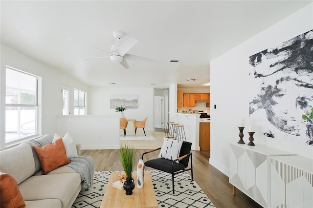 living room with ceiling fan and light hardwood / wood-style floors