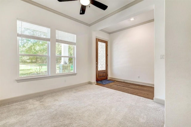 carpeted entrance foyer featuring baseboards and crown molding