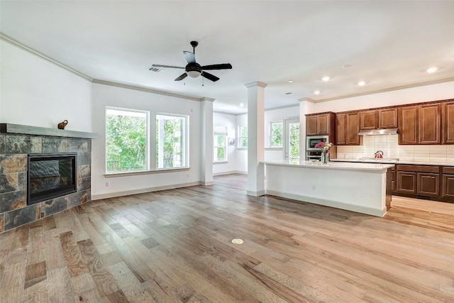 kitchen featuring appliances with stainless steel finishes, a fireplace, decorative backsplash, ceiling fan, and light hardwood / wood-style floors