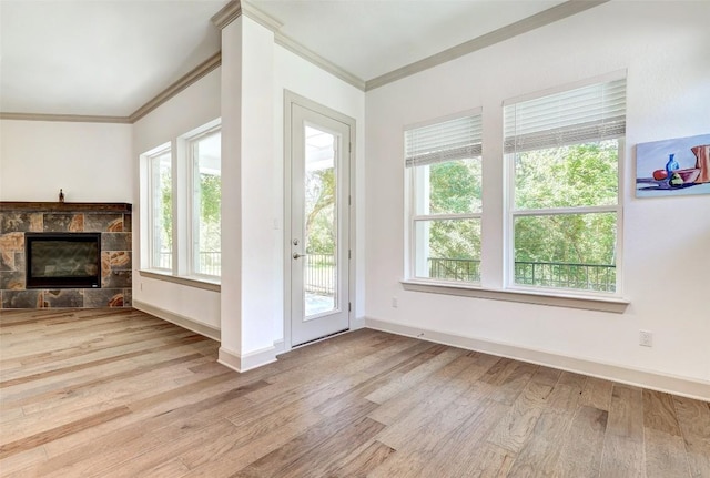 interior space with a stone fireplace, light hardwood / wood-style floors, and a wealth of natural light