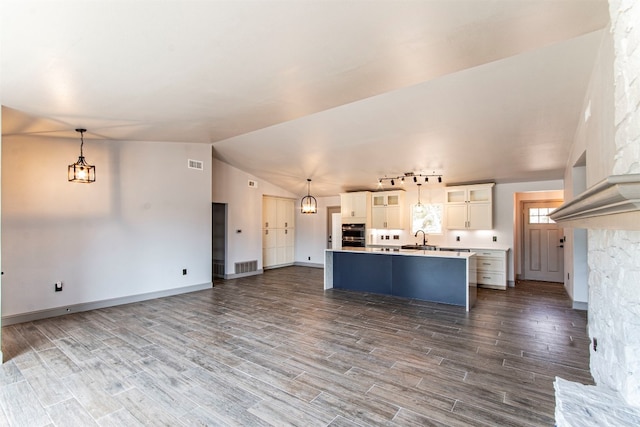 kitchen featuring hanging light fixtures, a kitchen island with sink, and hardwood / wood-style flooring