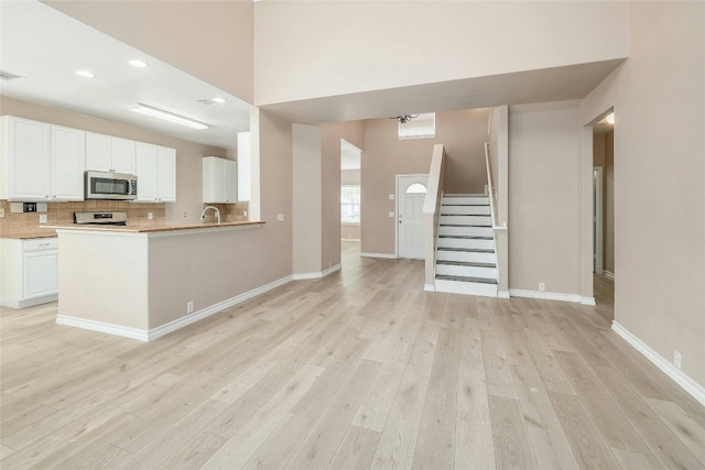 kitchen with white range oven, light hardwood / wood-style floors, white cabinetry, kitchen peninsula, and sink