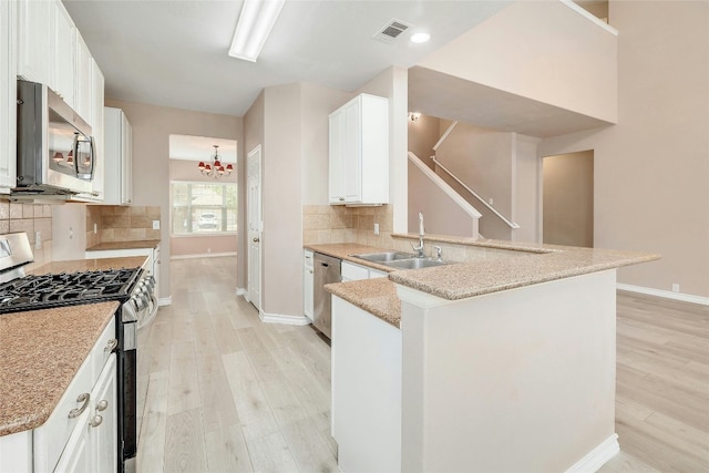 kitchen with light hardwood / wood-style floors, white cabinets, kitchen peninsula, stainless steel appliances, and sink