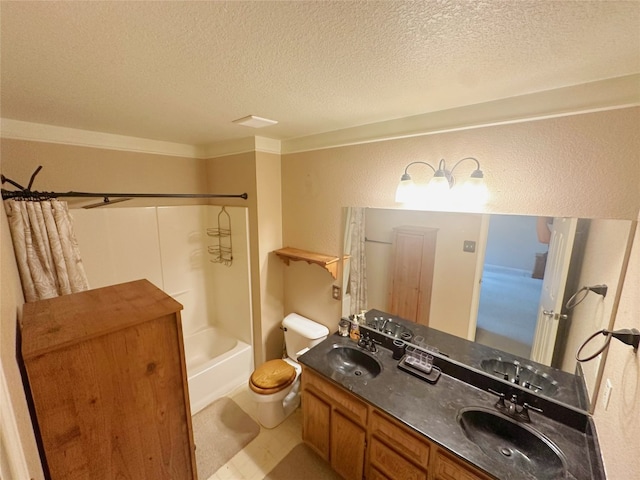 full bathroom with shower / bath combo, a textured ceiling, vanity, and toilet