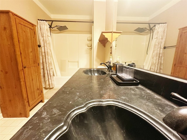 bathroom featuring ornamental molding, tile patterned flooring, vanity, and a shower with shower curtain