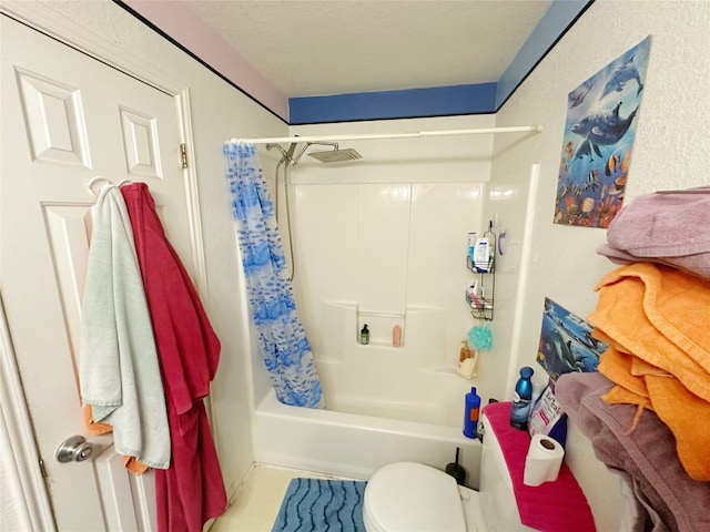 bathroom with shower / bathtub combination with curtain and toilet