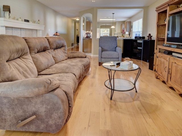 living room featuring wine cooler and light hardwood / wood-style flooring