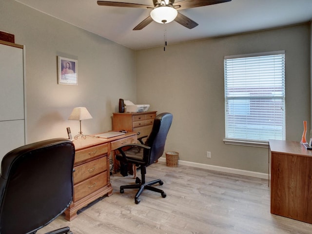 office space featuring ceiling fan and light hardwood / wood-style flooring