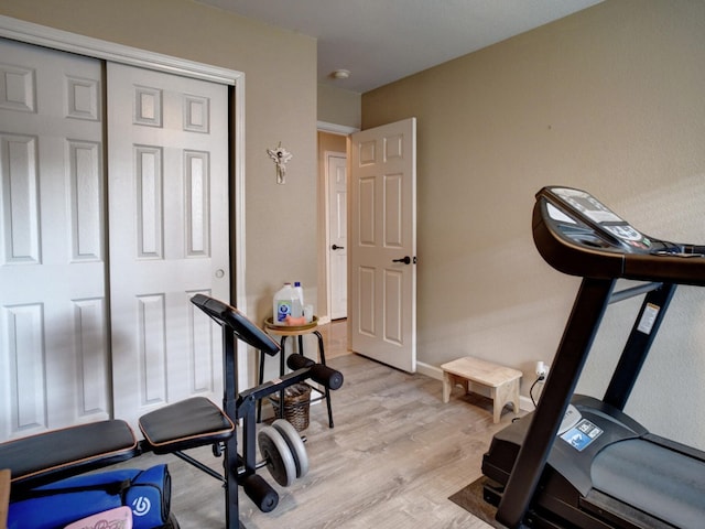 workout area featuring light hardwood / wood-style flooring