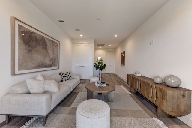 living room featuring dark wood-type flooring