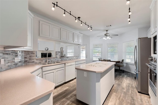 13639 Abrahamson Rd, Manor, TX 78653 - kitchen featuring white dishwasher, a kitchen island, a sink, backsplash, and rail lighting