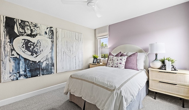 bedroom with ceiling fan and carpet flooring