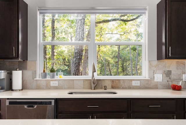 kitchen with dark brown cabinets, stainless steel dishwasher, plenty of natural light, and sink