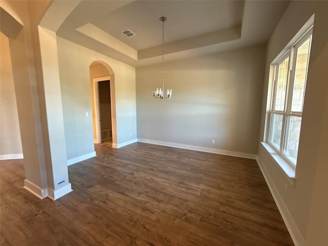 empty room featuring a raised ceiling, a healthy amount of sunlight, and dark hardwood / wood-style floors