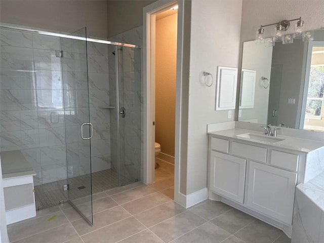 bathroom with tile patterned flooring, vanity, toilet, and walk in shower