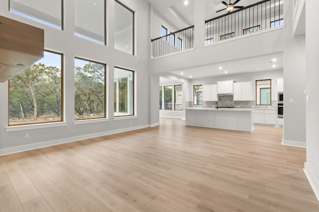 unfurnished living room with light hardwood / wood-style flooring and ceiling fan