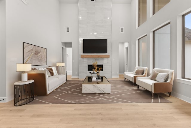 living room with hardwood / wood-style flooring and a premium fireplace