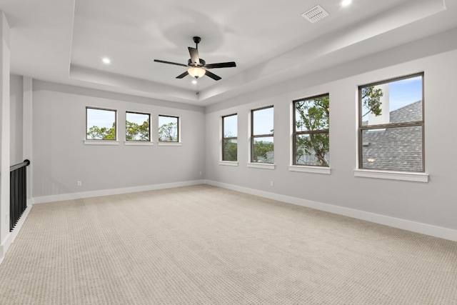 carpeted spare room featuring plenty of natural light, a raised ceiling, and ceiling fan