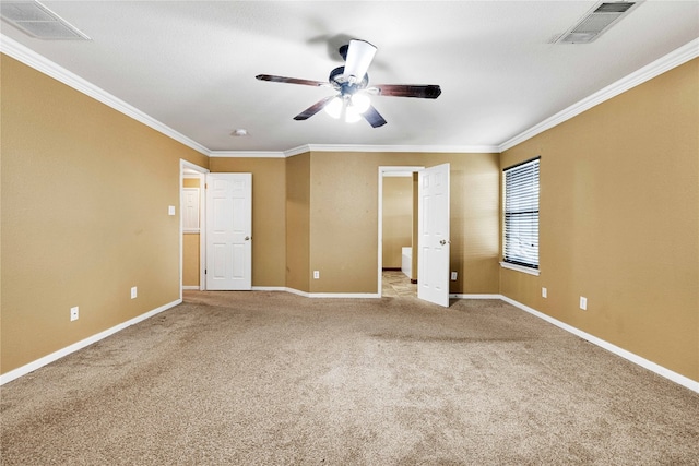 unfurnished bedroom with light carpet, ceiling fan, and ornamental molding