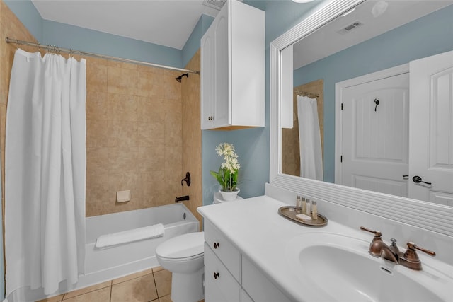 full bathroom with vanity, shower / tub combo, toilet, and tile patterned floors