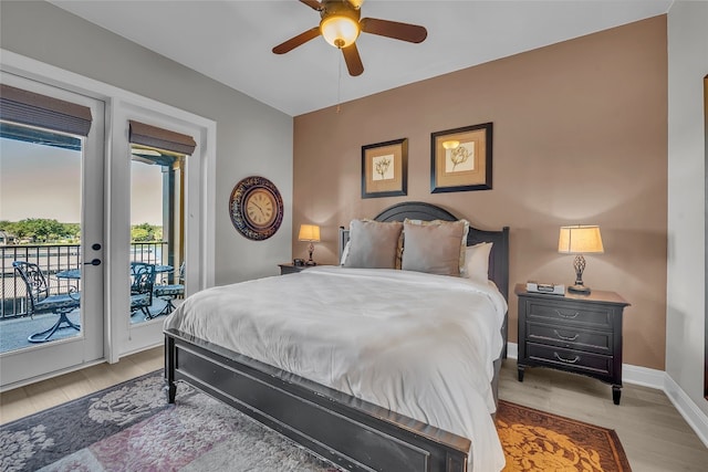 bedroom featuring light wood-type flooring, ceiling fan, and access to exterior