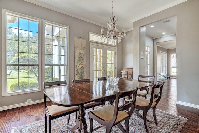 dining space featuring a wealth of natural light, dark hardwood / wood-style flooring, and french doors