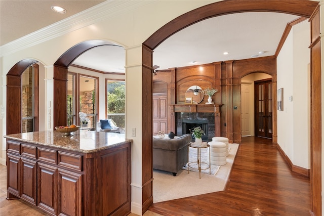 interior space with a fireplace, ornamental molding, dark hardwood / wood-style flooring, and stone countertops