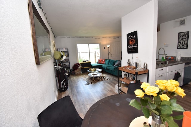 living room featuring hardwood / wood-style floors and sink