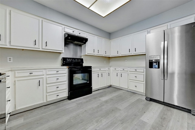 kitchen with light wood-type flooring, black electric range, stainless steel fridge with ice dispenser, and white cabinetry