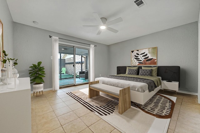 tiled bedroom with access to outside and ceiling fan