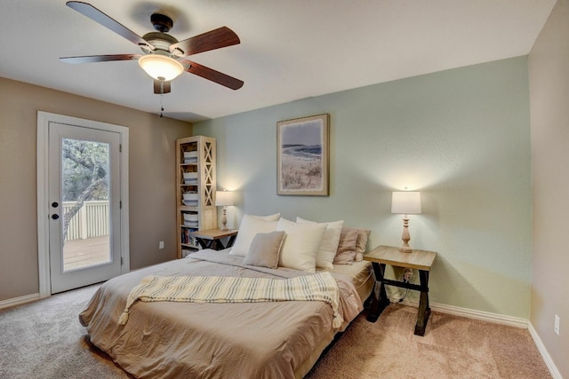 bedroom featuring ceiling fan, access to exterior, and light colored carpet