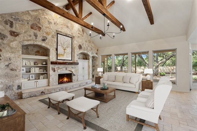 living room featuring high vaulted ceiling, beam ceiling, and a fireplace