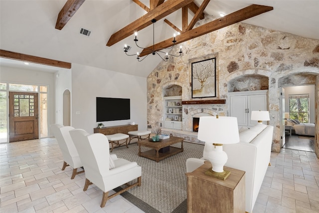 living room featuring beamed ceiling, high vaulted ceiling, and a healthy amount of sunlight