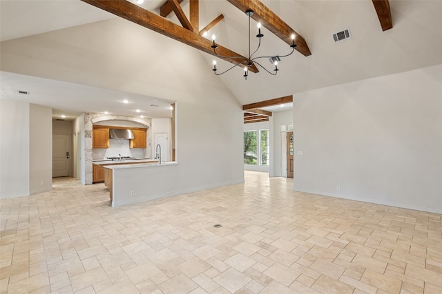 unfurnished living room featuring sink, beamed ceiling, and high vaulted ceiling