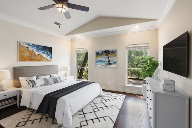 bedroom with ceiling fan, light hardwood / wood-style flooring, multiple windows, and lofted ceiling