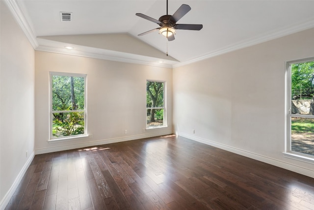 spare room featuring crown molding, lofted ceiling, dark wood-type flooring, and ceiling fan