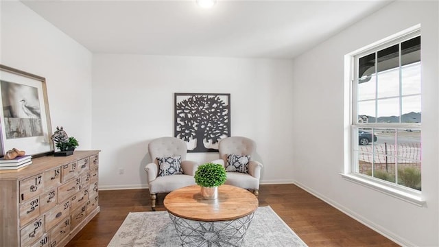 living area with plenty of natural light and dark hardwood / wood-style floors