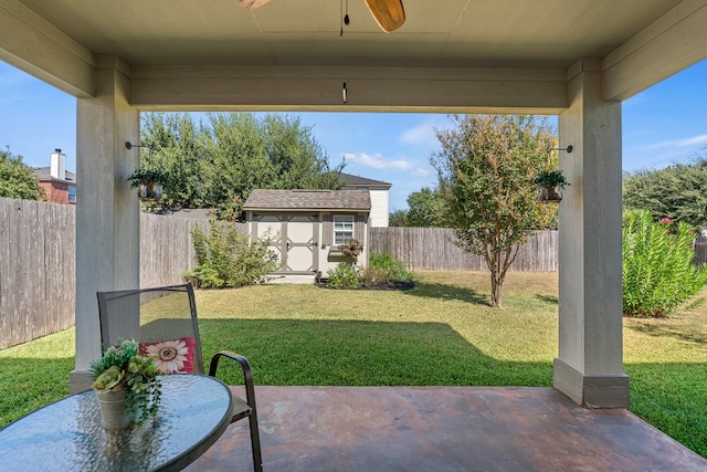 exterior space with a storage shed