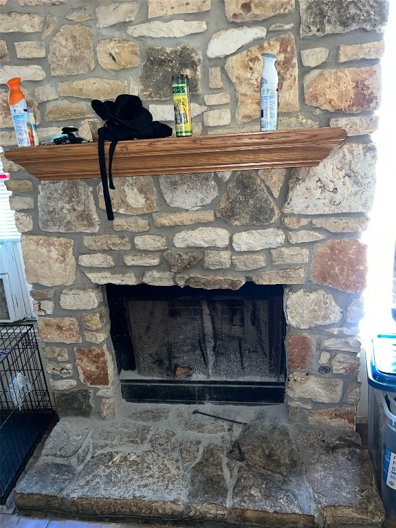 interior details featuring a stone fireplace