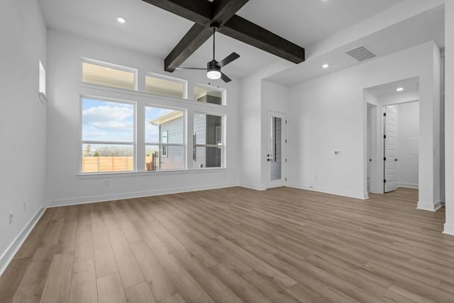 unfurnished living room featuring visible vents, beamed ceiling, light wood-style flooring, and baseboards