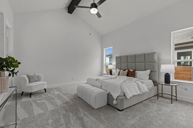 6508 Cowman Way, Austin, TX 78747 - bedroom with carpet floors, beamed ceiling, high vaulted ceiling, and a ceiling fan