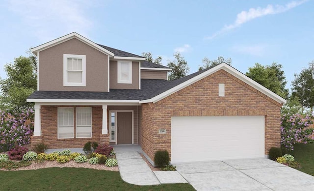 view of front of house with an attached garage, a shingled roof, concrete driveway, and brick siding