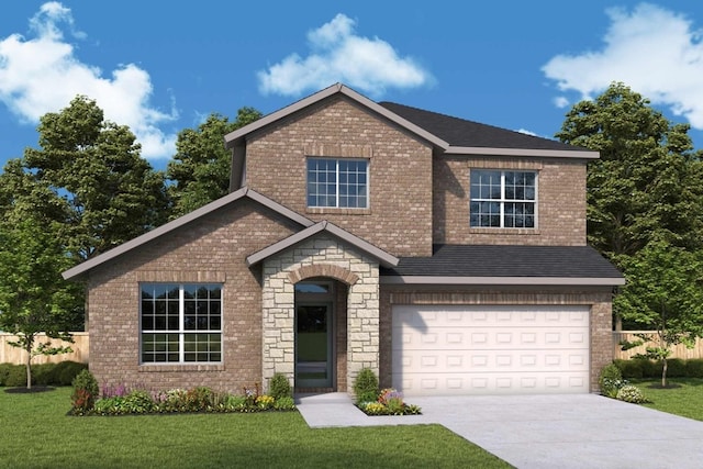 view of front of property featuring a front yard and a garage