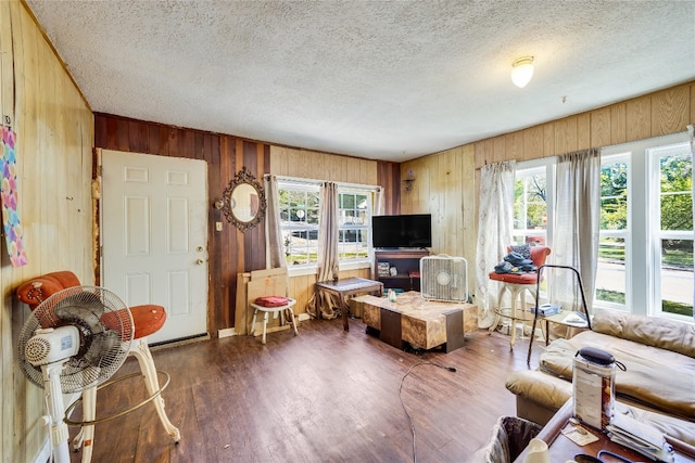 living room with a textured ceiling, wood walls, and dark hardwood / wood-style flooring