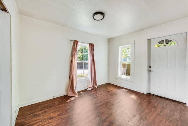 foyer entrance with a textured ceiling and dark hardwood / wood-style floors