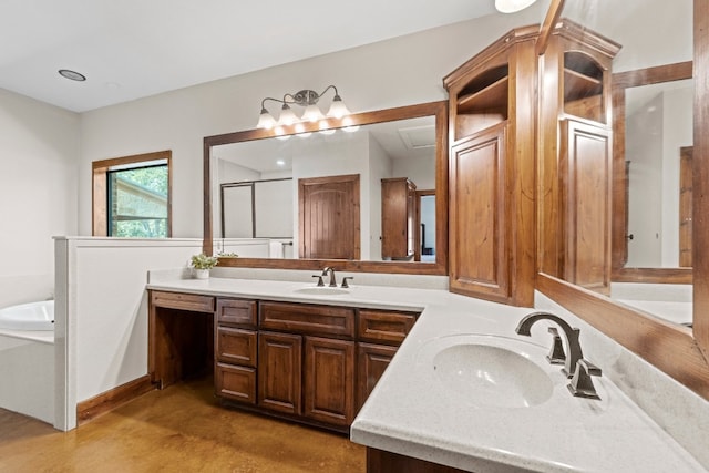 bathroom featuring shower with separate bathtub and vanity