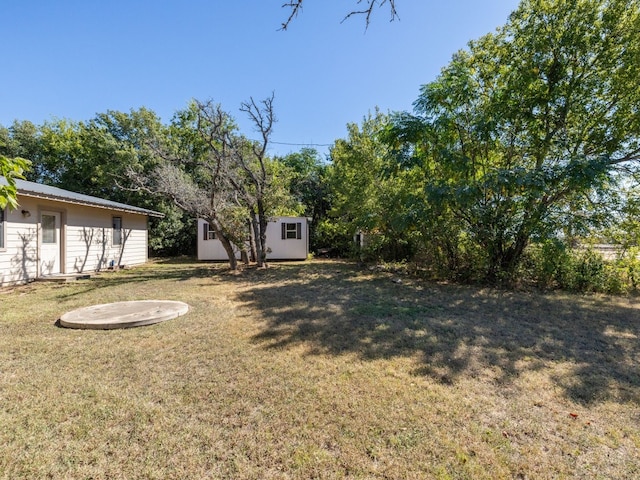 view of yard with a storage shed