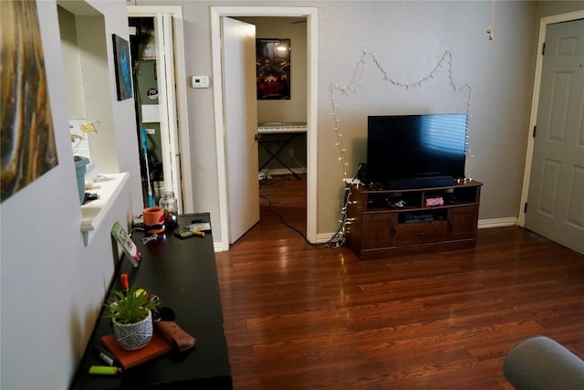 living room with dark hardwood / wood-style flooring