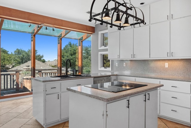 kitchen with dishwasher, black electric stovetop, a kitchen island, sink, and white cabinetry